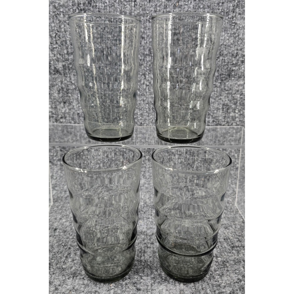 Vtg Set of 4 Smoke Gray Glass Tumbler 5 in Rippled Beehive Wavy Juice Sized